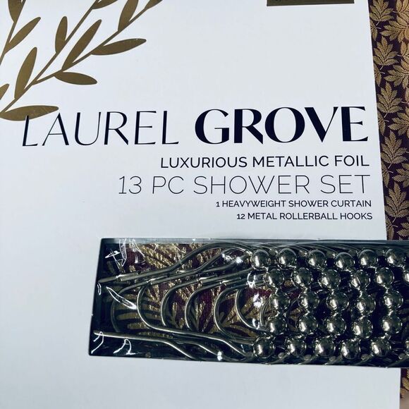 Metallic Gold Burgundy Red Holiday Shower Curtain Set - Picture 4 of 4